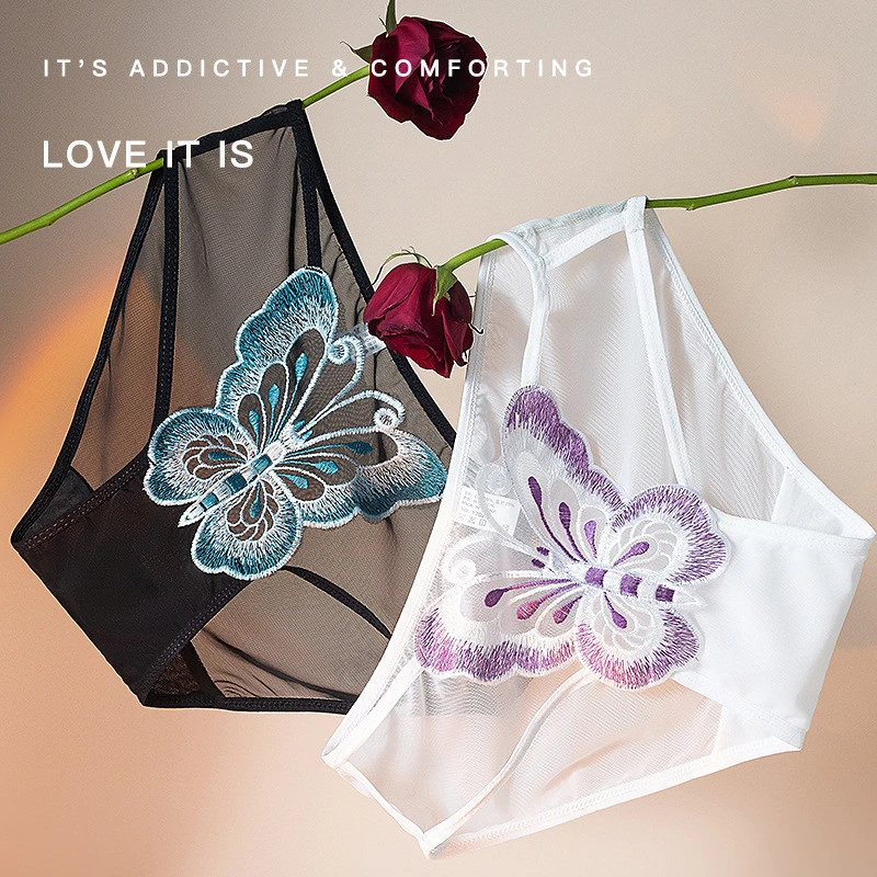 法式纯欲风重工刺绣性感迷人蕾丝大码女士镂空透明网纱三角裤