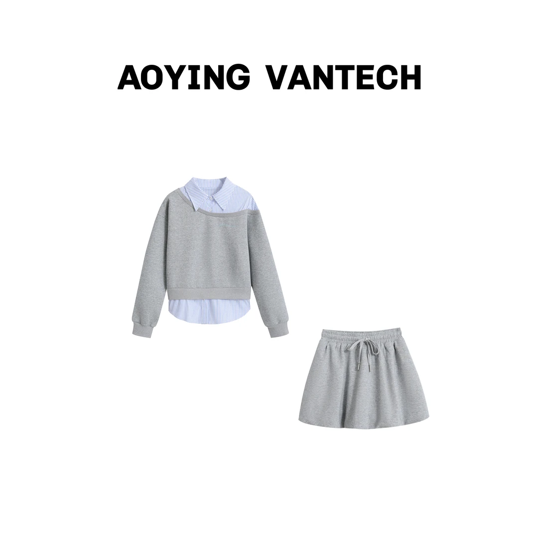 AOYING VANTECH【七分甜】拼接假两件卫衣+松弛氧气高腰短裙套装