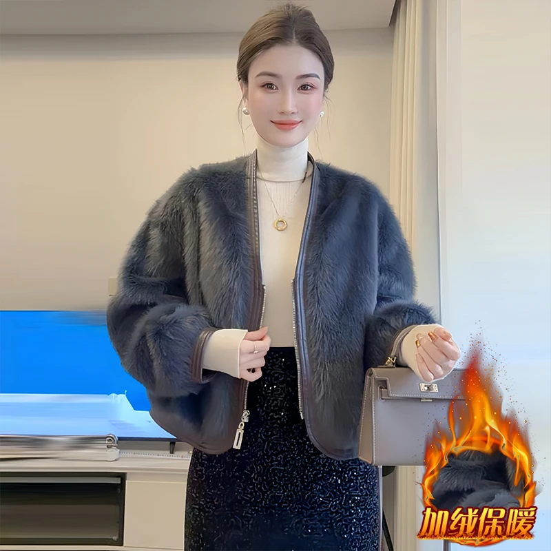 小香风皮毛一体短款外套女2025年冬季新款加绒加厚保暖气质上衣潮