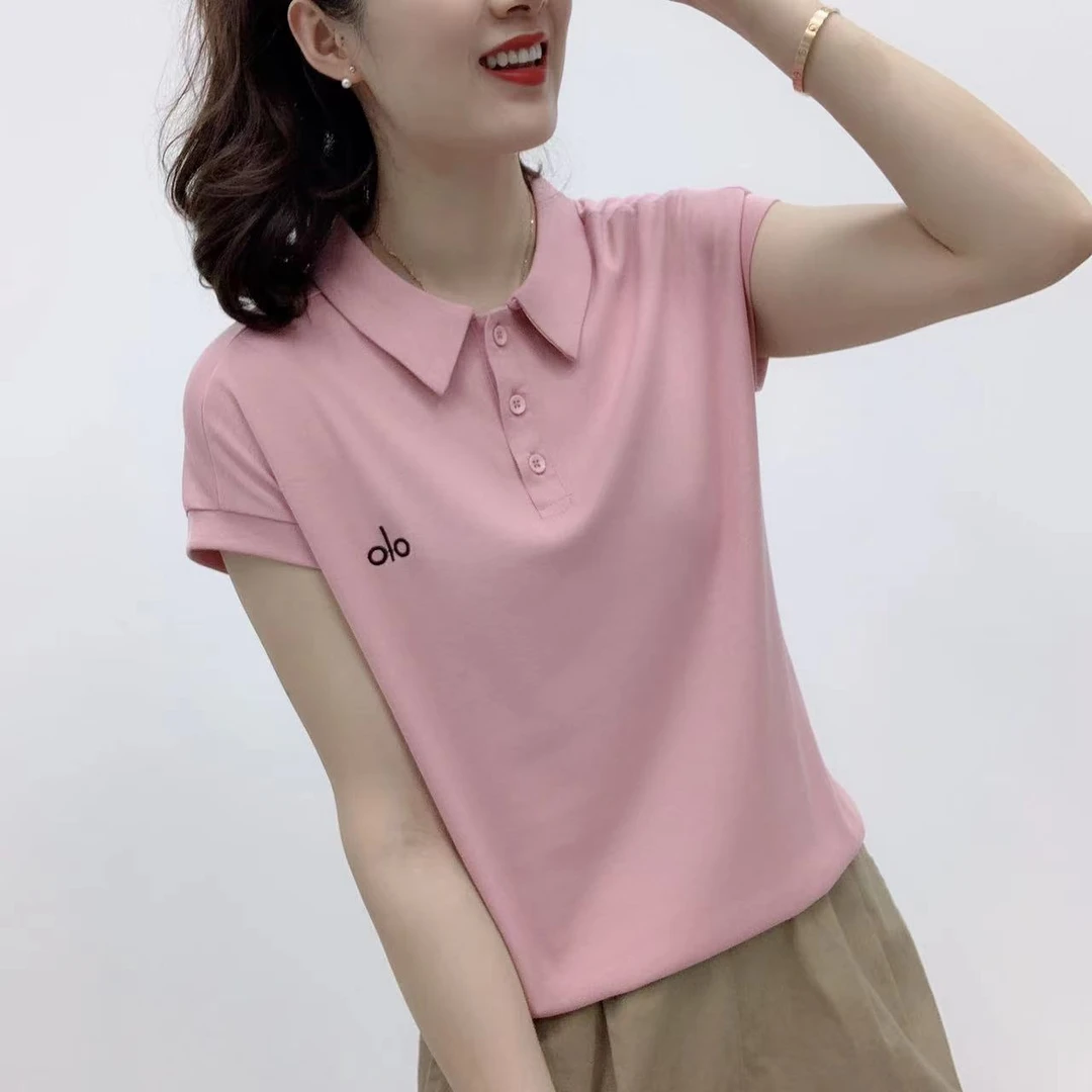 翻领刺绣常规T恤简约纯色ol显瘦时尚大方纯棉不挑人