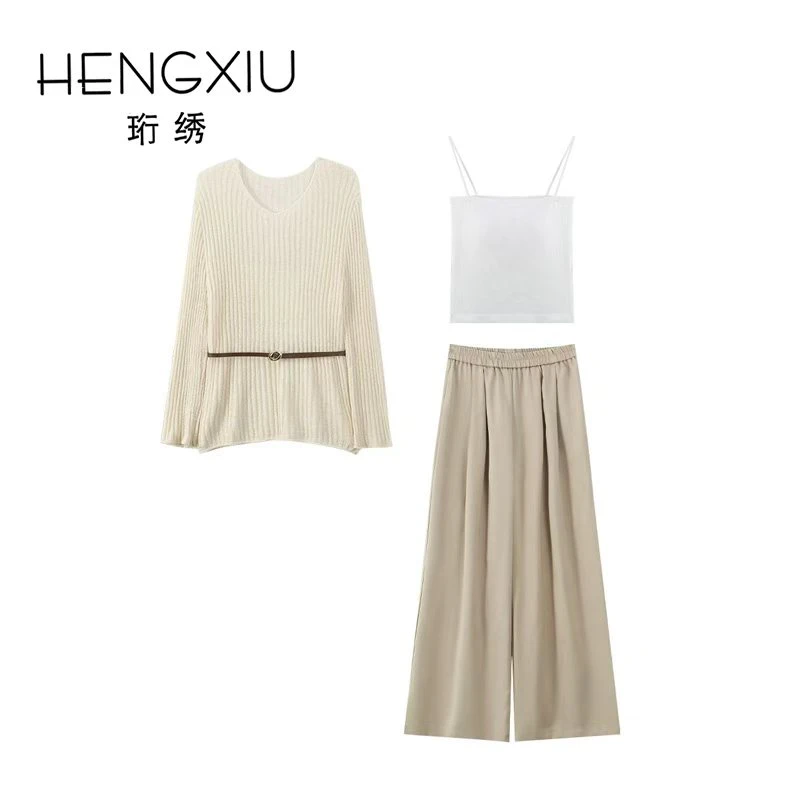 拍一发四珩绣休闲时尚套装长袖针织罩衫叠穿阔腿裤套装L51TZ199