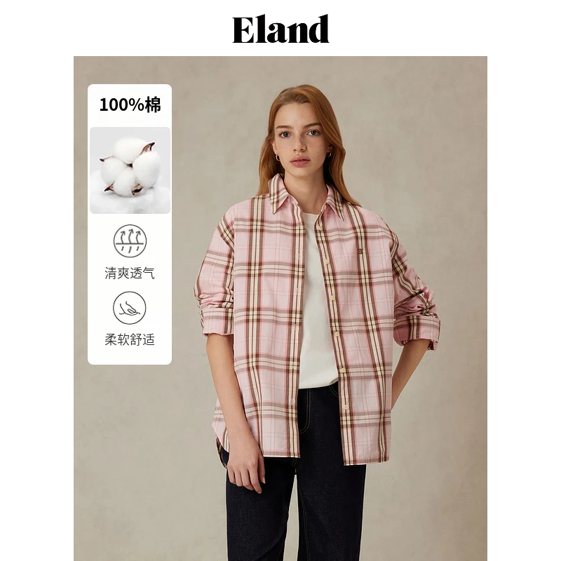 【100%棉】Eland衣恋欧若风舒适格纹女士宽松长袖衬衫EEYCF12E01