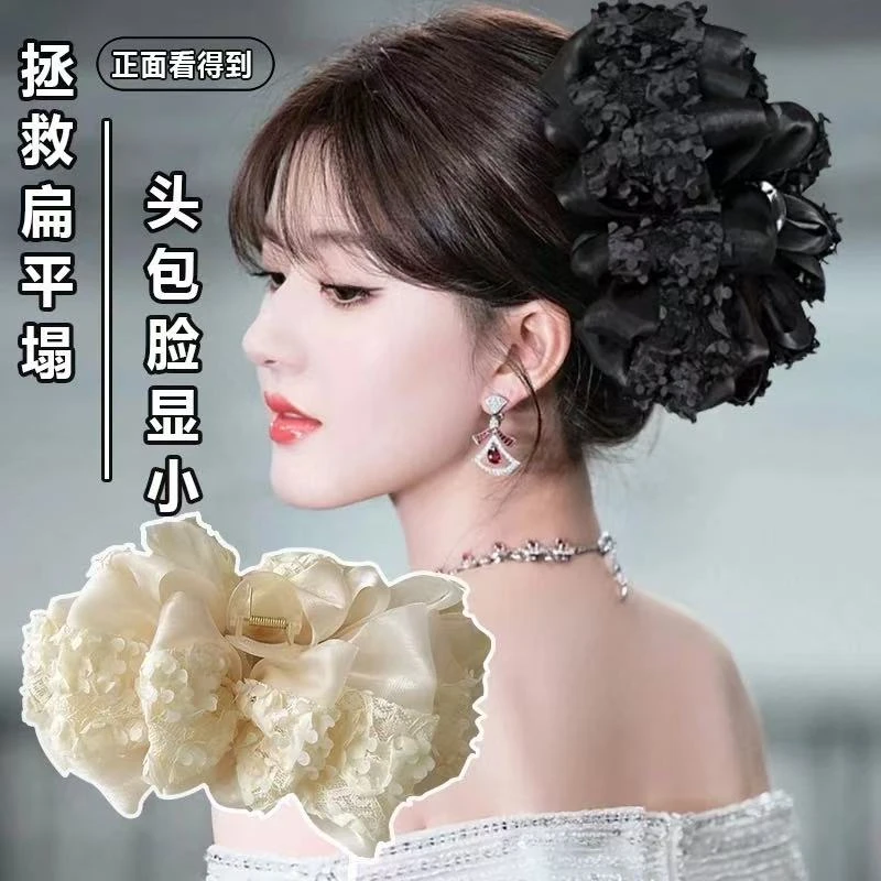 夏季多层蕾丝花边蝴蝶结大号抓夹超仙网纱泡泡后脑勺盘发鲨鱼夹