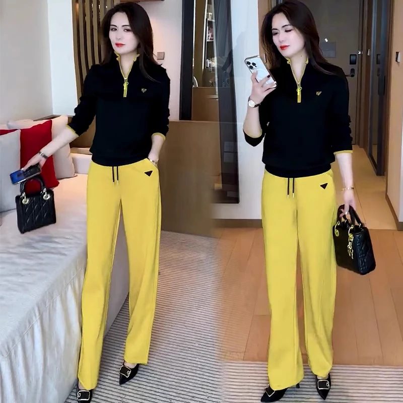 时尚撞色休闲套装女2025春季新款洋气显瘦半拉链卫衣阔腿裤两件套