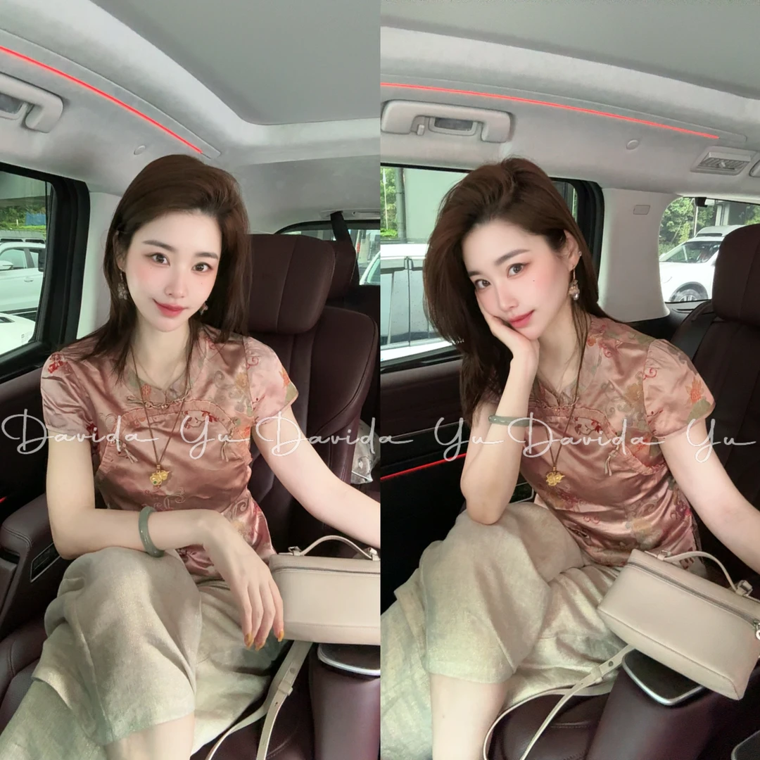 Davida Yu【石榴】丝绸般柔滑光泽 质地舒适 透气富贵短袖 YC0289