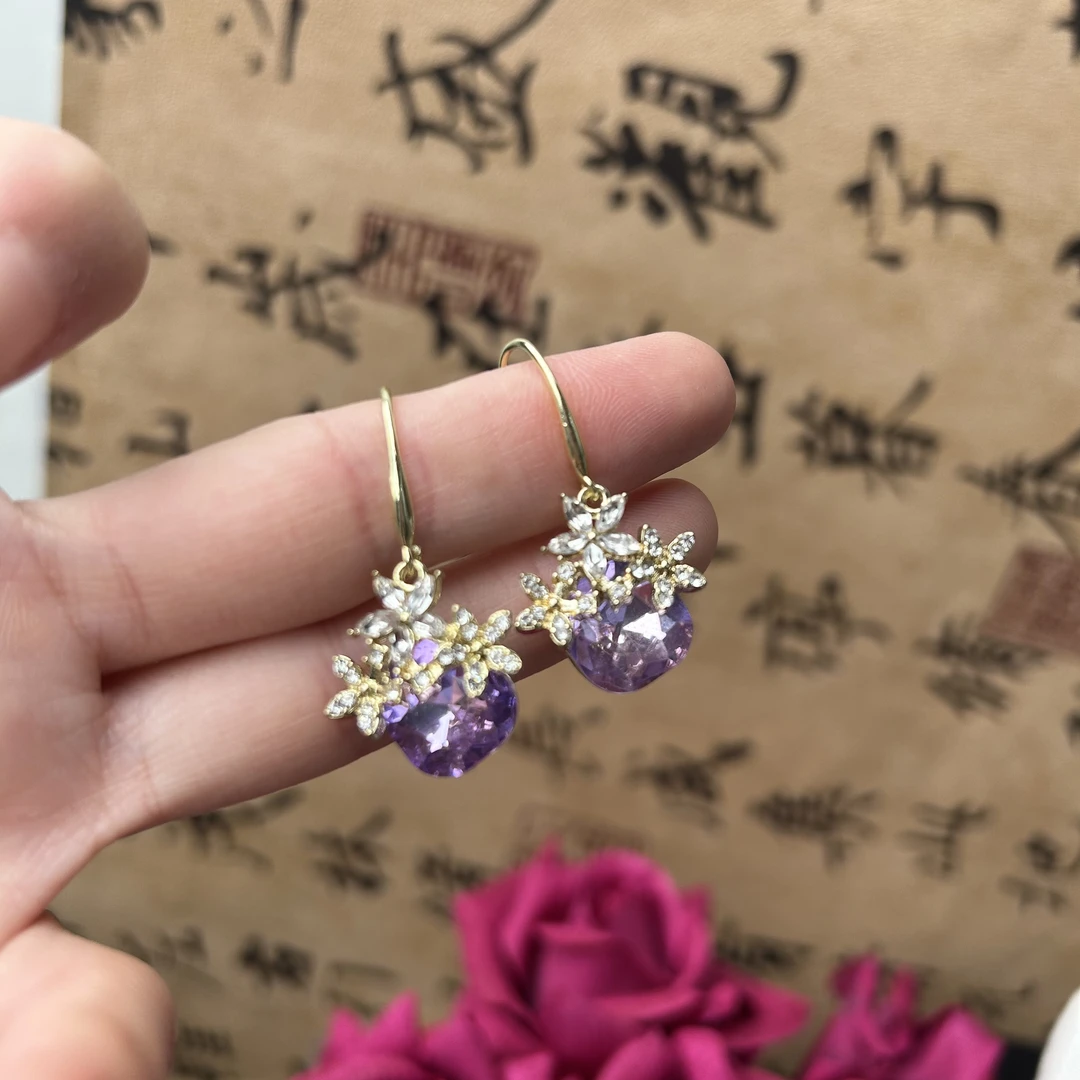 铜合金手链 【Q169】感紫色水晶花朵气质百搭耳坠耳勾新款时尚洋气