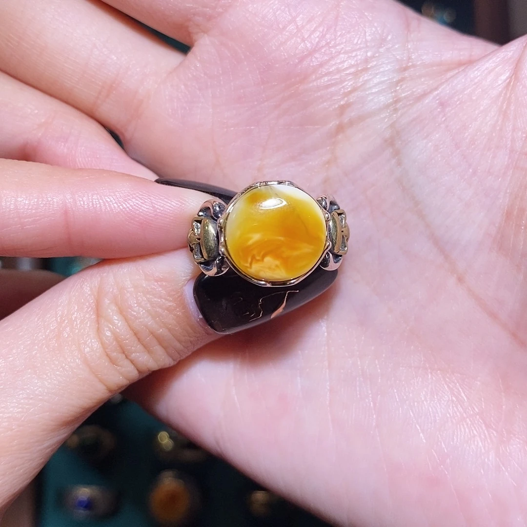 琥珀戒指银S925镶嵌换**字戒指