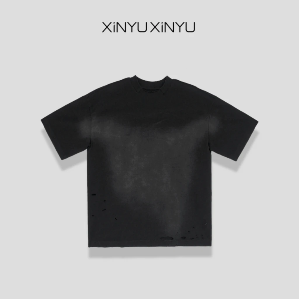 XINYU/芯与100棉复古做旧水洗渐变破坏设计短袖T恤 203323 时尚