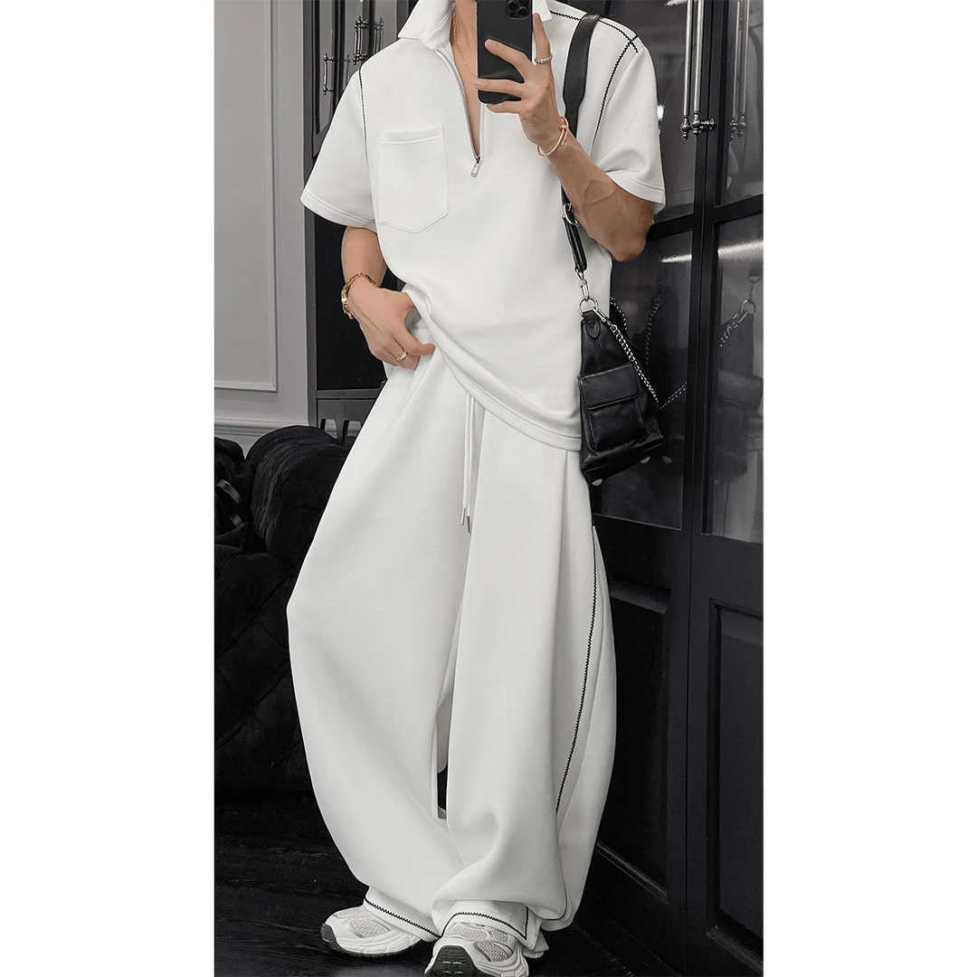 龙叨叨夏季新品简约高级感半拉链Polo衫套装休闲运动短袖上衣长裤