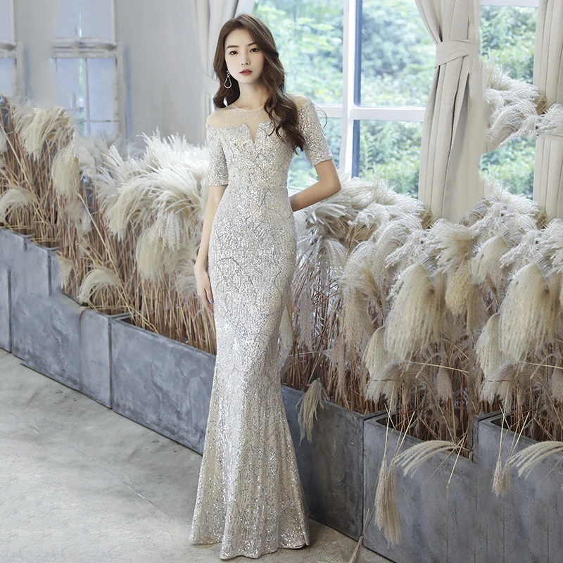 名媛晚礼服女2025新款气质银色轻奢小众鱼尾宴会连衣裙主持人