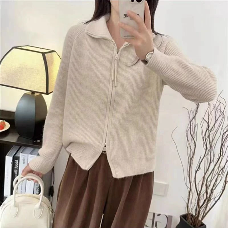 半高领拉链慵懒风毛衣外套女秋冬季2024年新款设计感针织开衫上衣