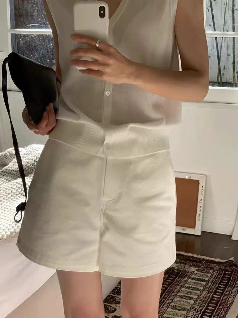 韩国东大门2025夏季新款时尚百搭高腰系扣白色休闲短裤女