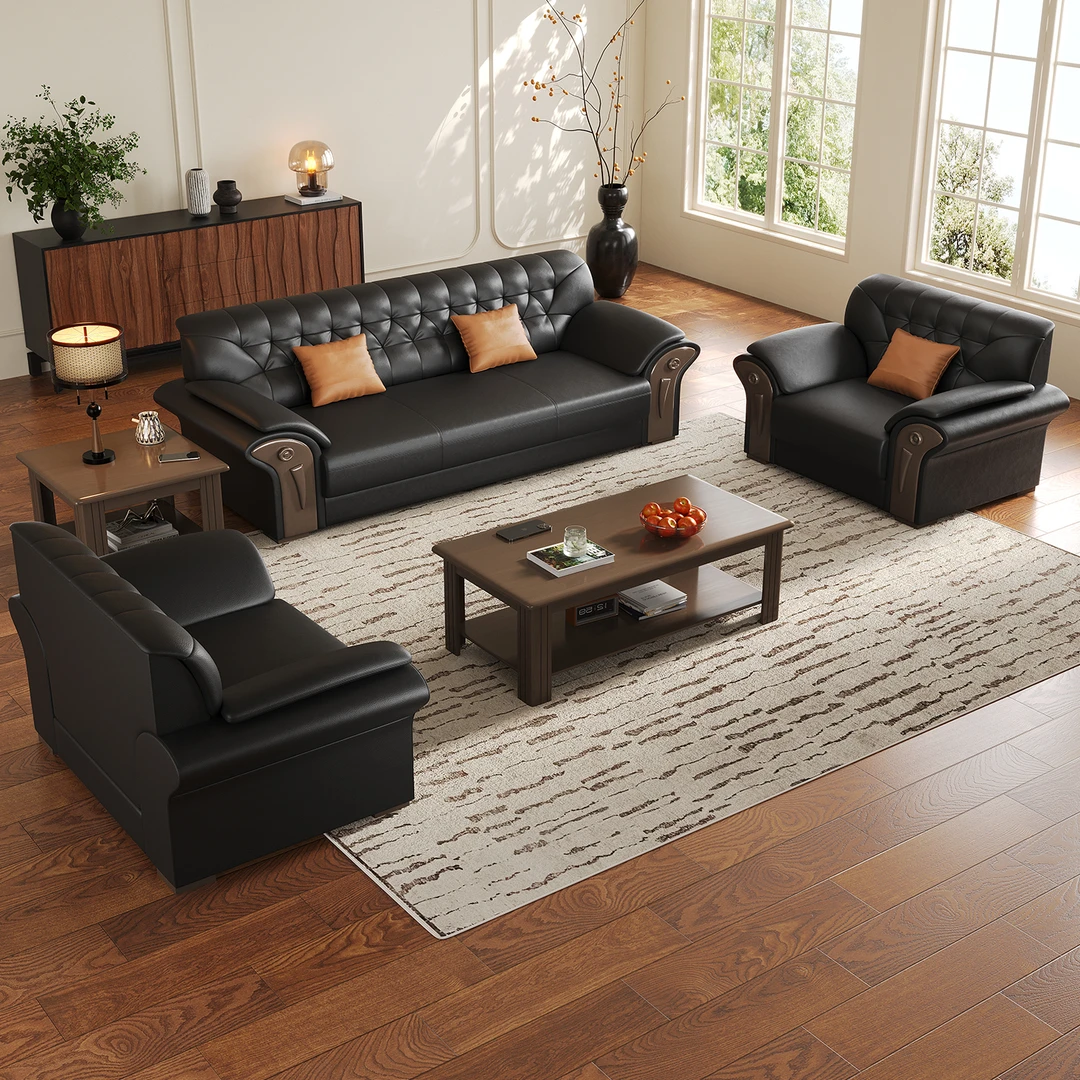 现代简约会客厅接待办公沙发商务三人位休闲组合实木茶几沙发组合