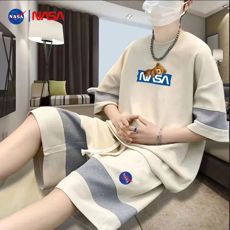 联名国潮小熊男士短裤夏季新款华夫格港风短袖休闲运动套装