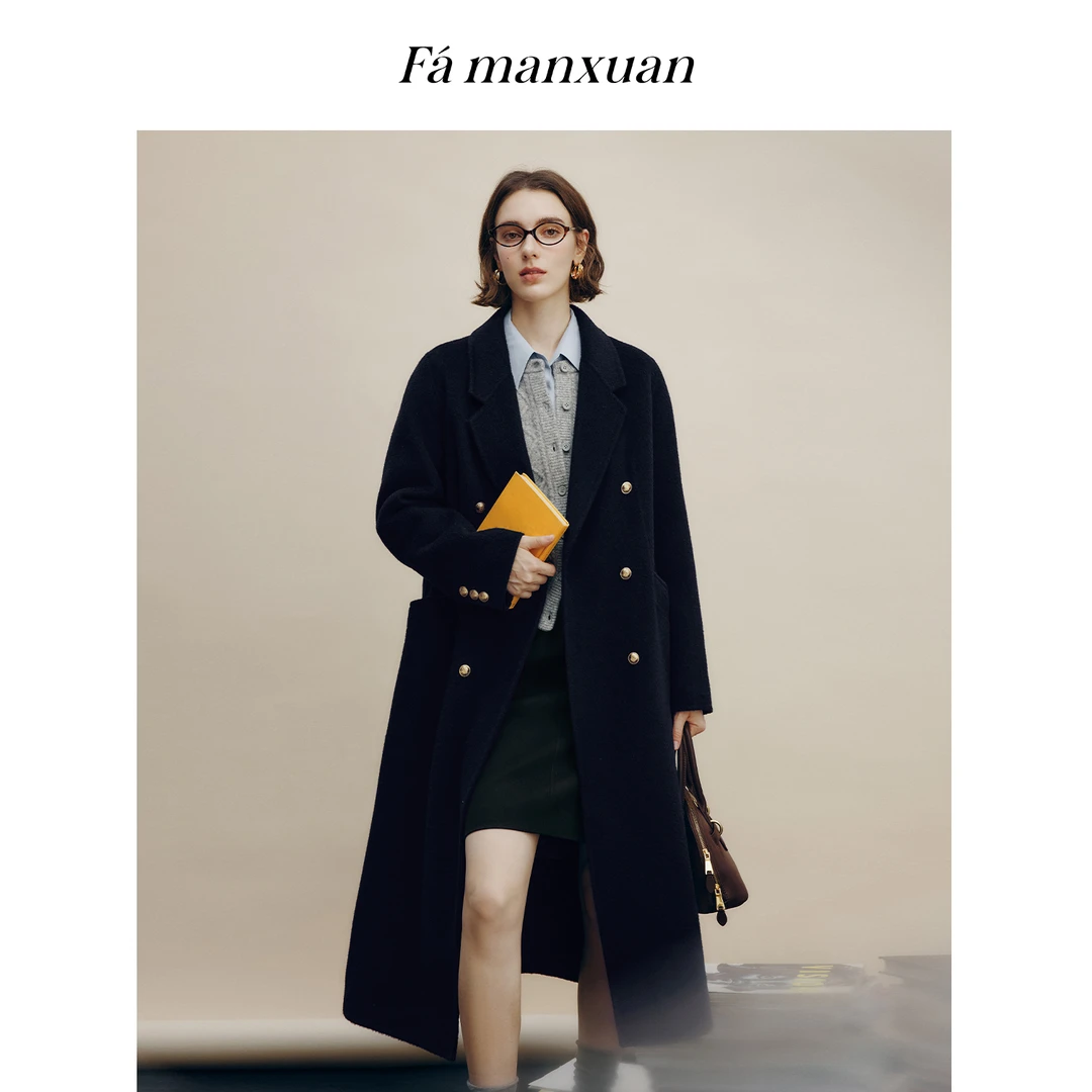 【粉丝专属】法曼萱知识分子羊毛双面呢大衣女冬藏青毛呢外套