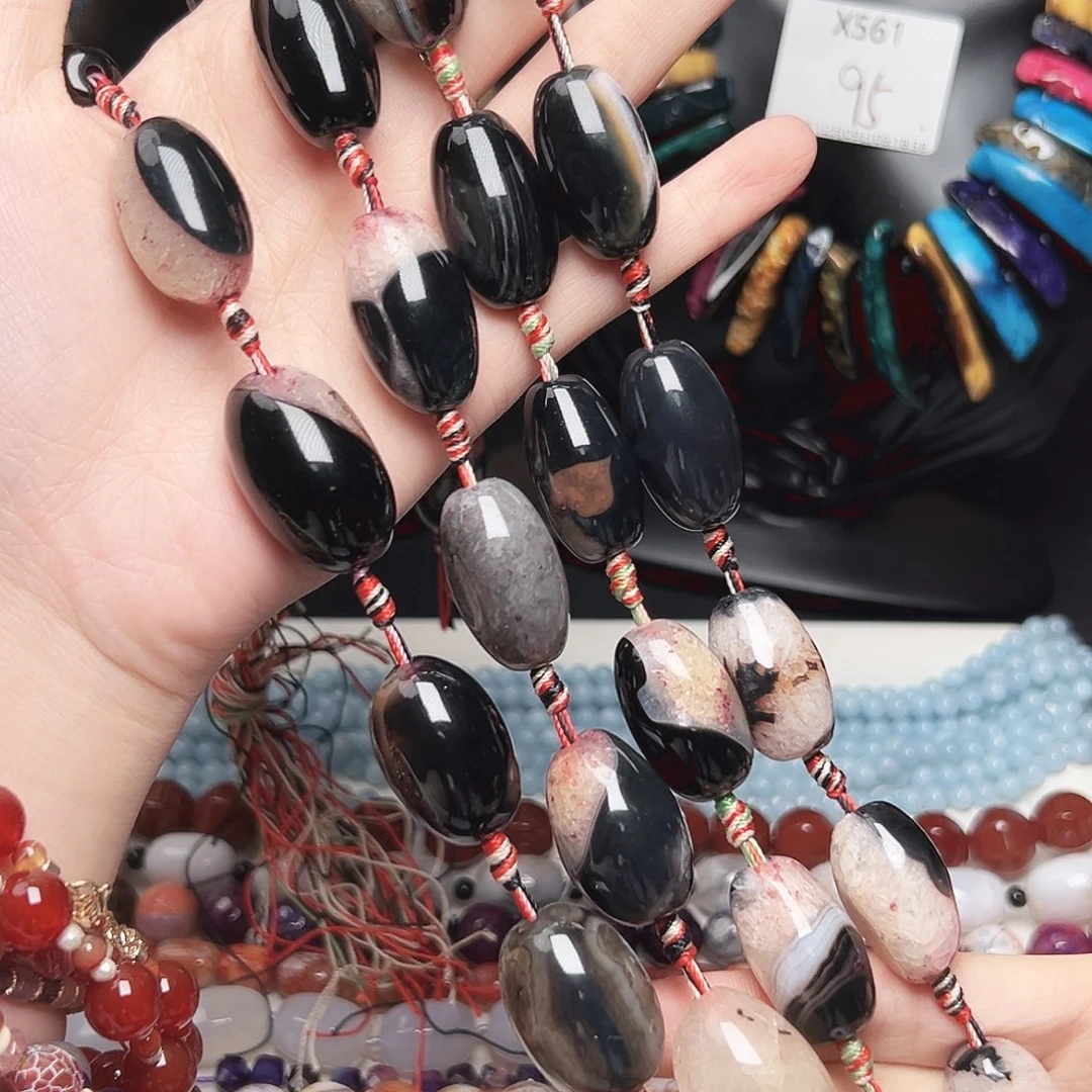 玛瑙/玉髓合金珠宝半成品x571。缠丝玛瑙椭圆珠一条16mm