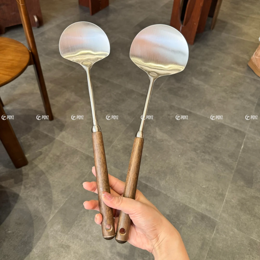304日式胡桃木蘑菇锅铲家用不锈钢贵州小锅铲炒勺高颜值厨具菜铲