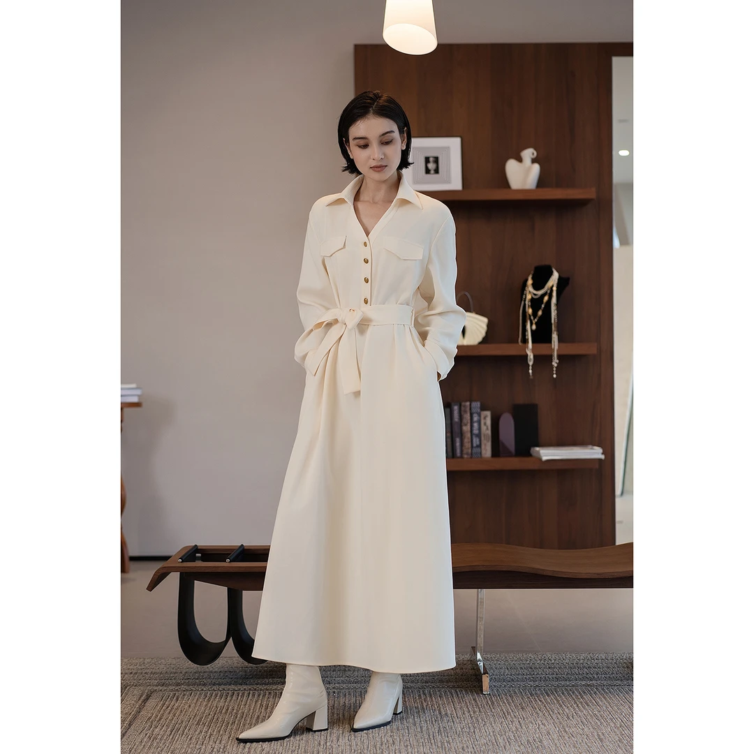 【雅士裙】优雅极简V领老钱风宽松长款秋季连衣裙