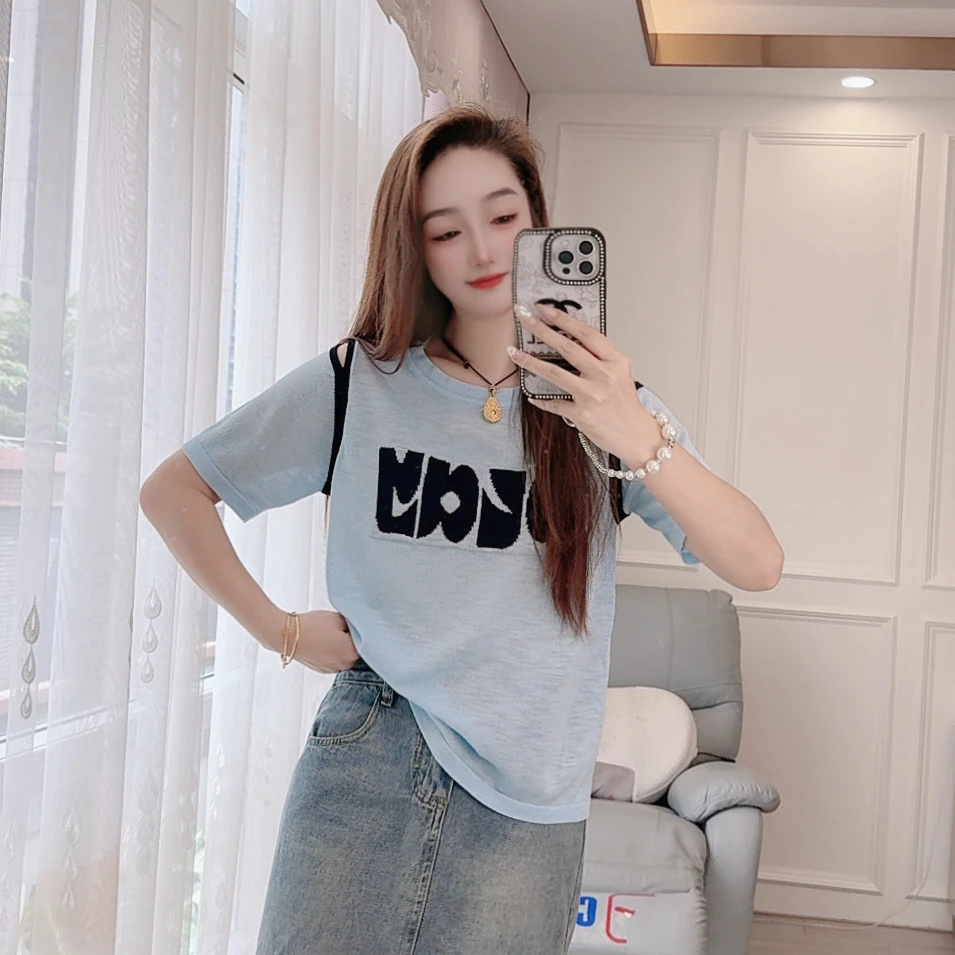 2595现货夏季针织衫套头短袖露肩宽松女装字母上衣显瘦减龄罩衫