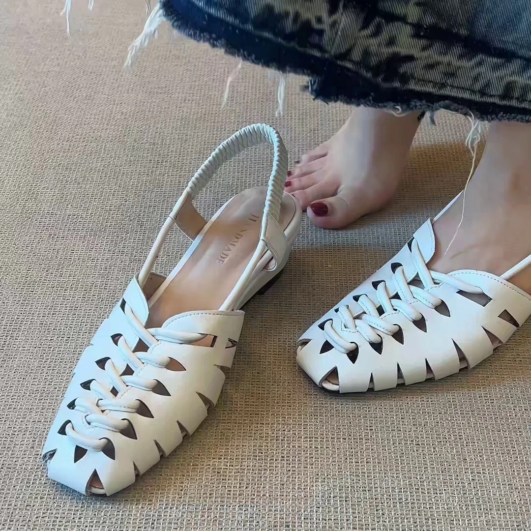 羊皮版~法式真皮编织镂空罗马凉鞋女夏外穿一字带低跟包头猪笼鞋