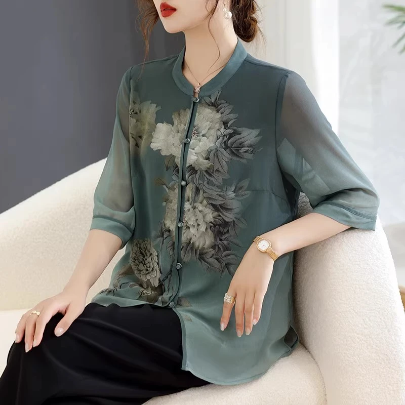 罗蒙中年妈妈夏装套装国风印花衬衫中老年女装夏季短袖小衫两件套