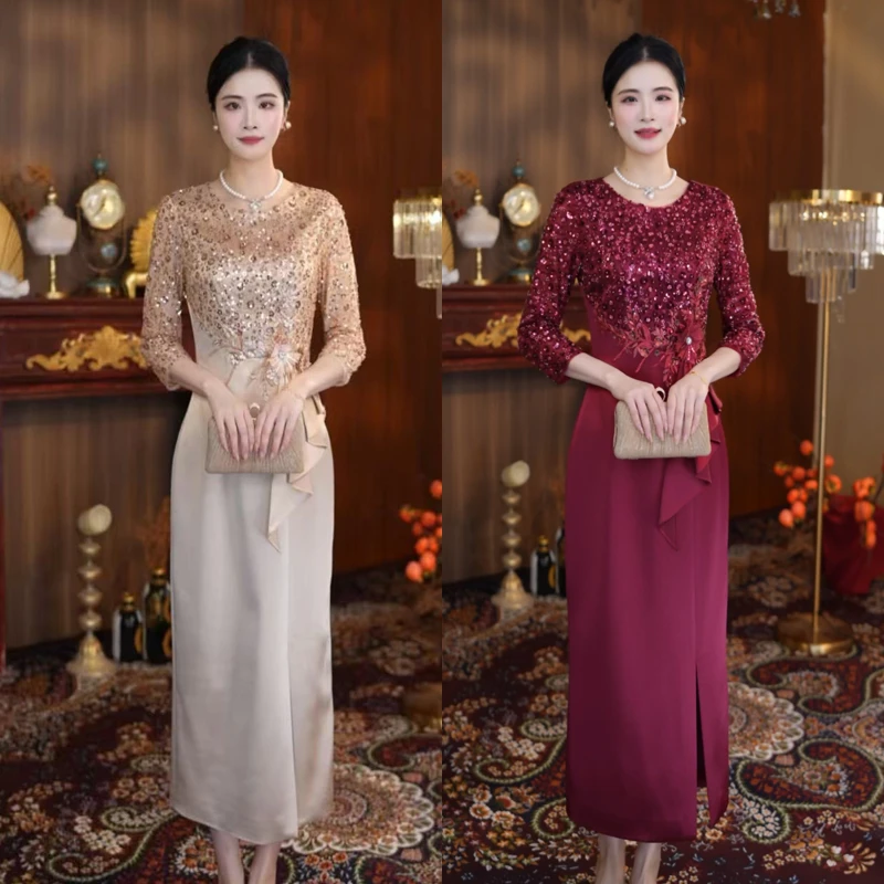 礼服小众设计师轻奢中长款遮肚子生日宴会喜婆婆喜妈妈婚宴连衣裙