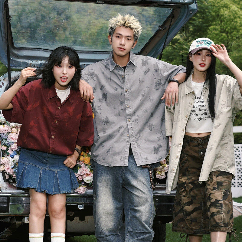2025夏季新款情侣美式工装扎染短袖衬衫男女上衣潮街头宽松防