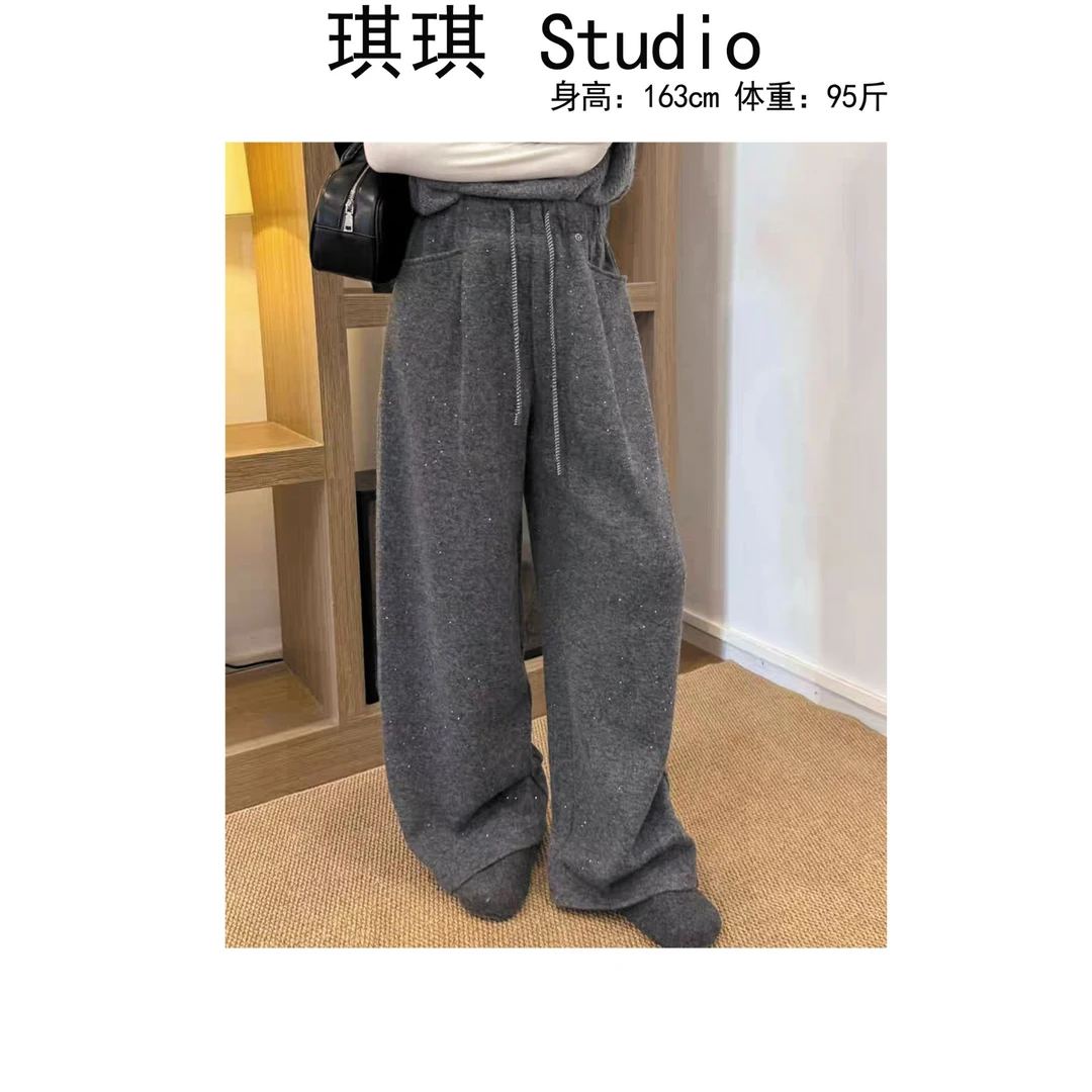 《琪琪家》秋冬季新款重工设计感闪闪点缀松紧腰抽绳休闲裤25336-CS