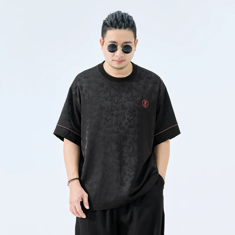 半墨大码男装复古缎面短袖T恤男宽松夏季薄款胖子男士体恤衫0337