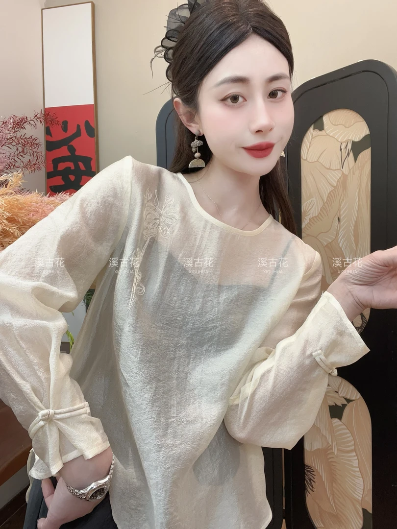 【北梦】夏季气质新款刺绣显瘦新中式长袖上衣女日常简约圆领