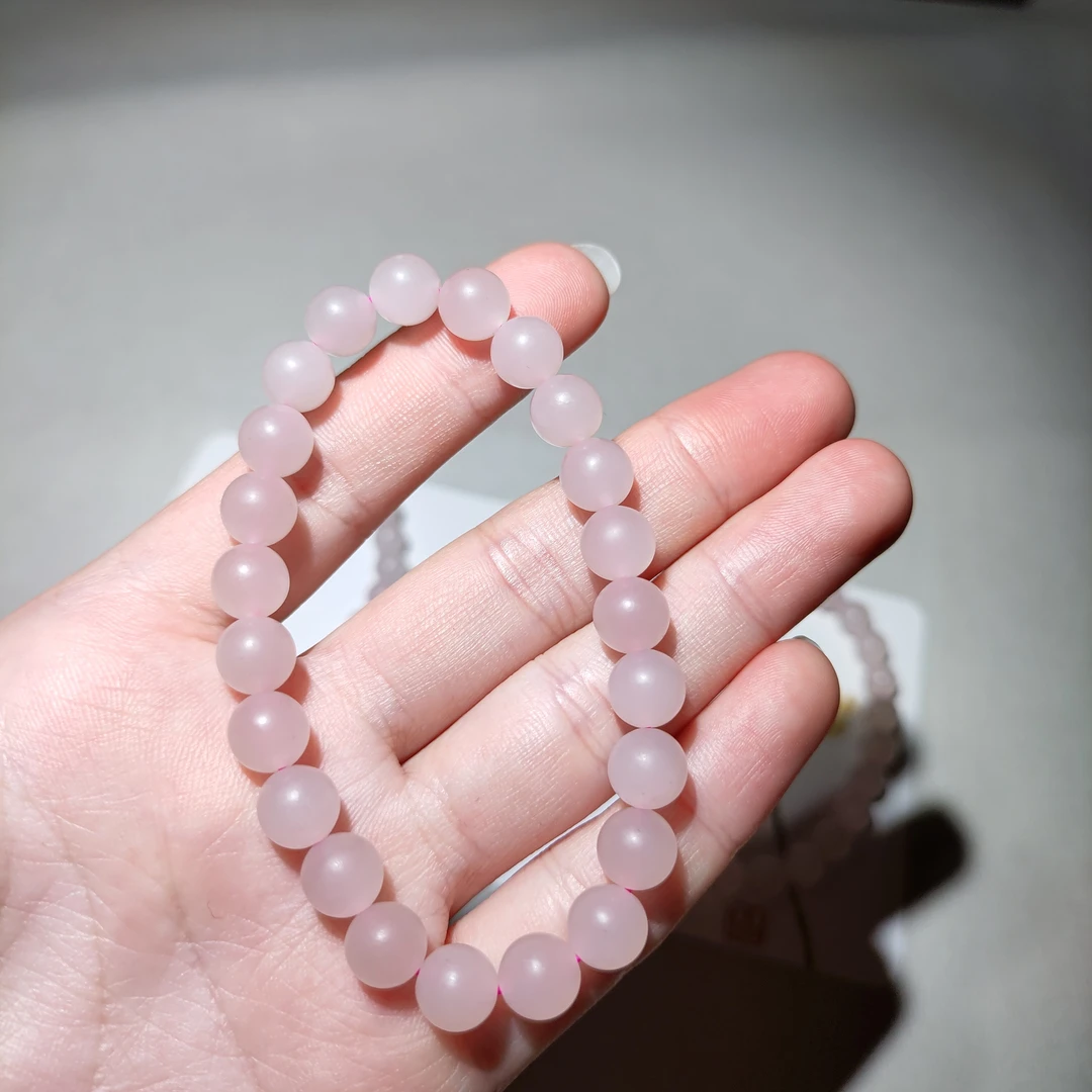 和田玉淡粉白圆珠手串约8MM柔光