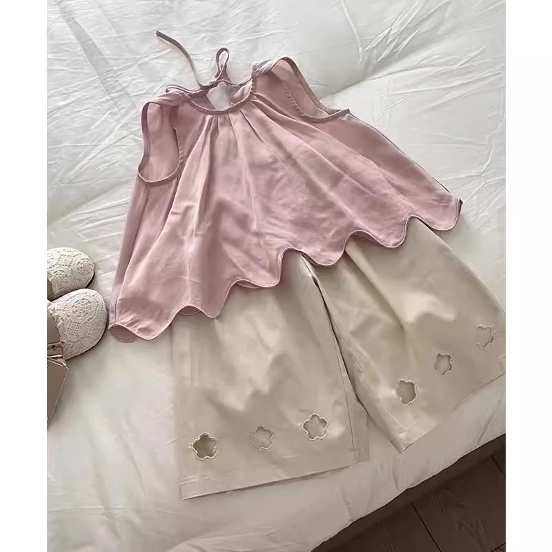 女宝宝韩系穿搭童装套装新款儿童洋气时髦粉色无袖吊带上衣洋气