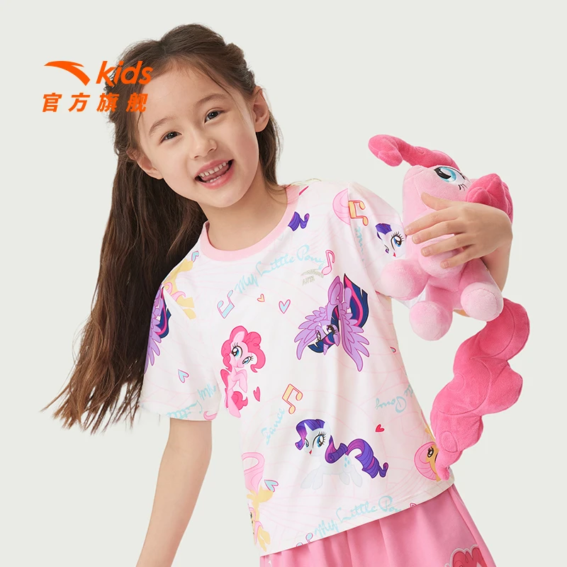 安踏儿童女小童针织短袖衫2025夏季款儿童圆领短袖小马宝莉联名款