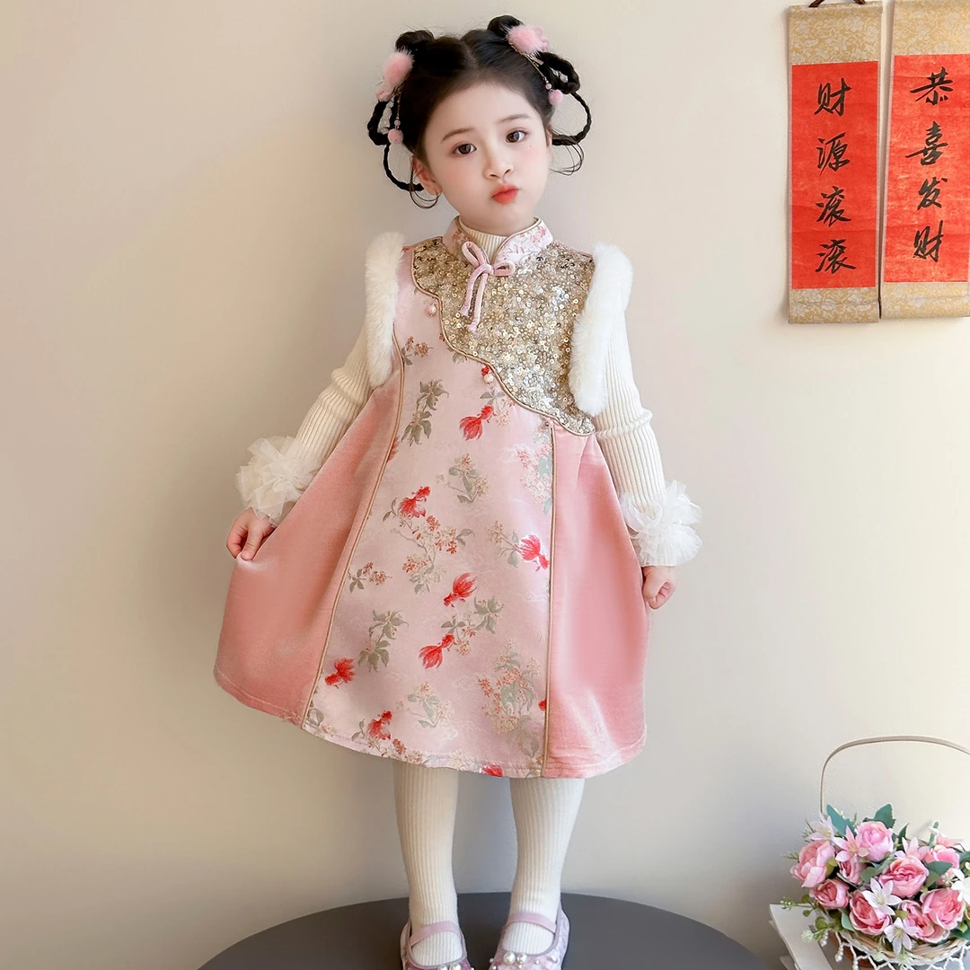 女童秋冬款连衣裙新中式古典旗袍国风礼服儿童冬季拜年服宝宝套装