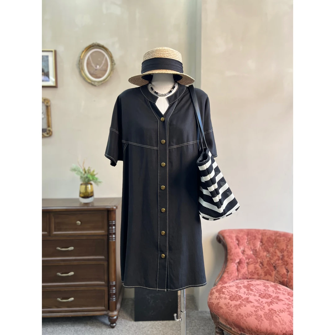 LMXPPJ【设计师时尚美学连衣裙】夏圆领连衣裙减龄显瘦衬衫裙MX1157