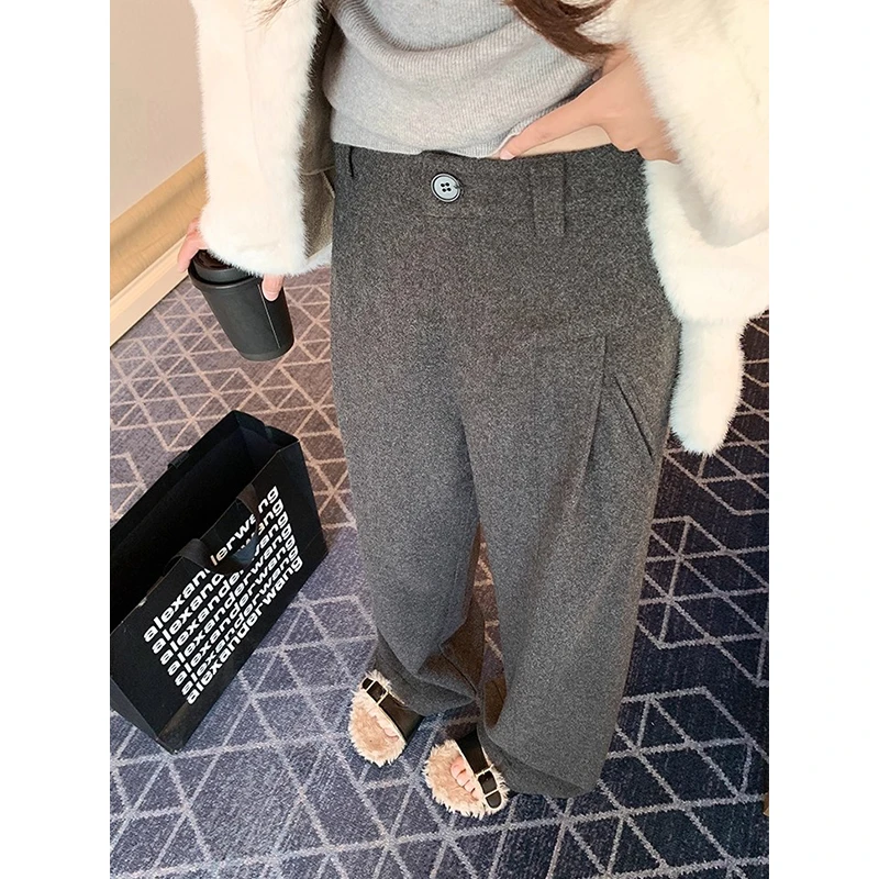 韩系灰色加厚毛呢休闲直筒裤女秋冬季高腰显瘦压褶阔腿裤宽松长裤