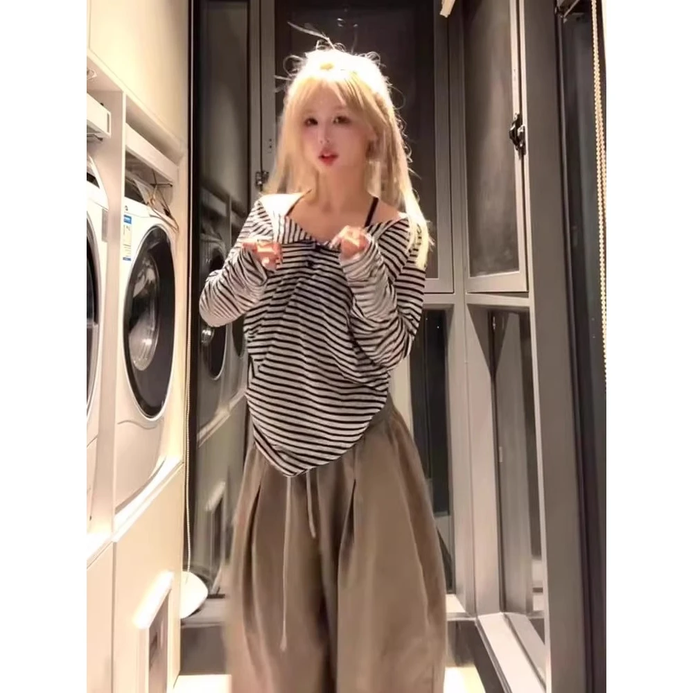 慵懒风撞色条纹露肩长袖T恤女宽松休闲薄款上衣设计感显瘦时尚