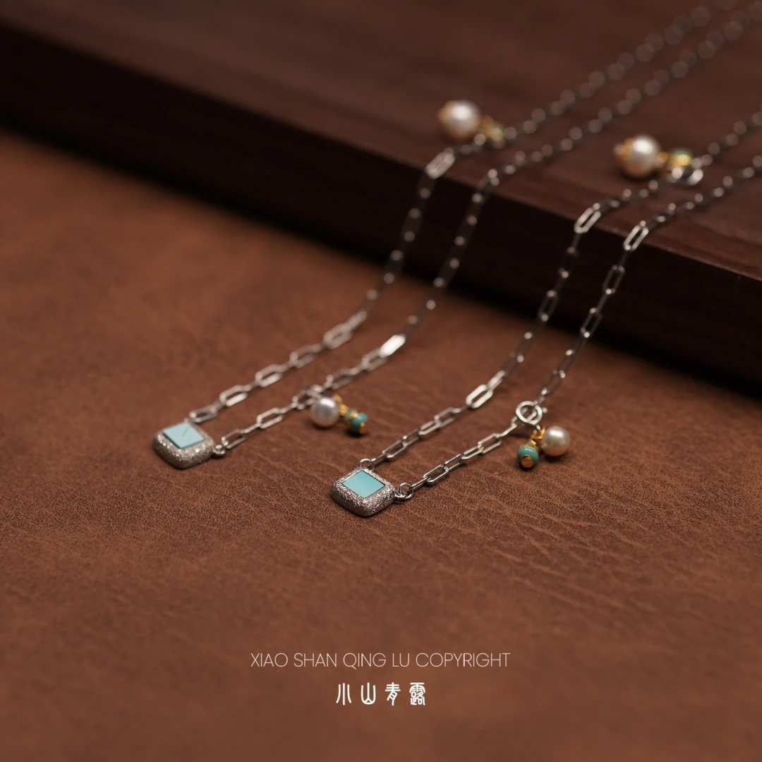 【BLS1629】原矿绿松石方形项链 S925银镶嵌长度40+4 -多样性发其一