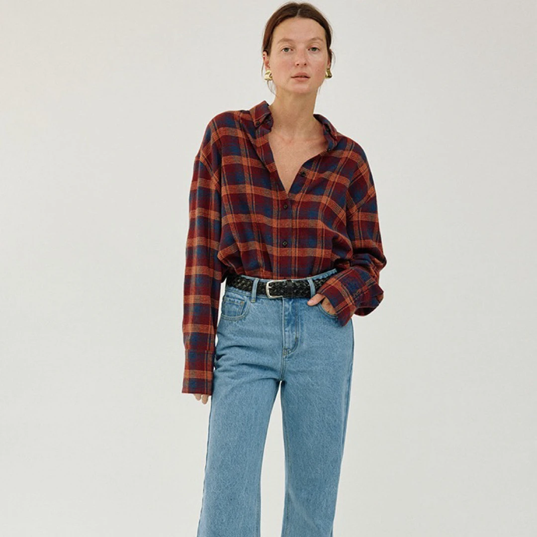 秋季新款复古格纹长袖衬衫女宽松休闲慵懒美式小众翻领牛仔衬衣