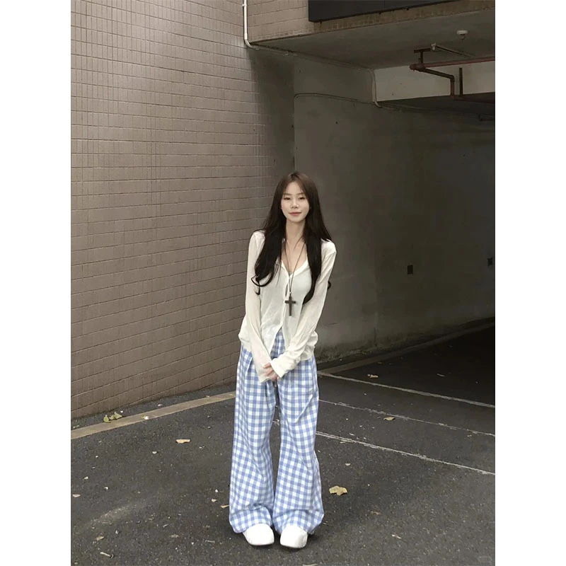 新款简约时尚休闲百搭长袖上衣针织衫高腰休闲宽松格子阔腿裤长裤