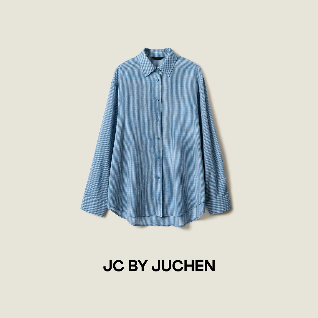 莫奈蓝白格柔和细腻棉质m1u系减龄叠搭宽松格衬衫 SS074996