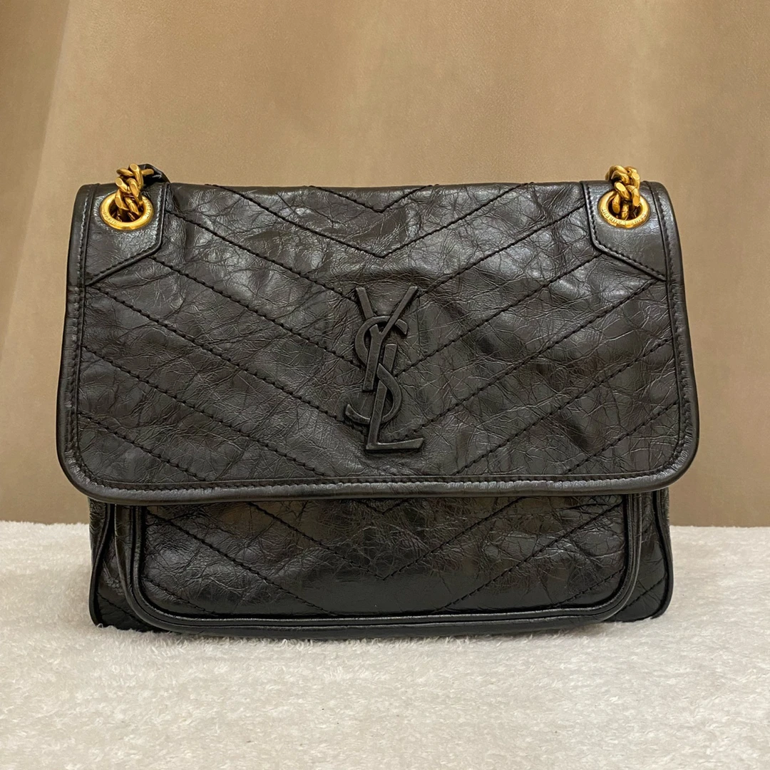 95新 YSL/圣罗兰 niki 中号黑金油蜡皮D扣 自带做旧褶皱感
