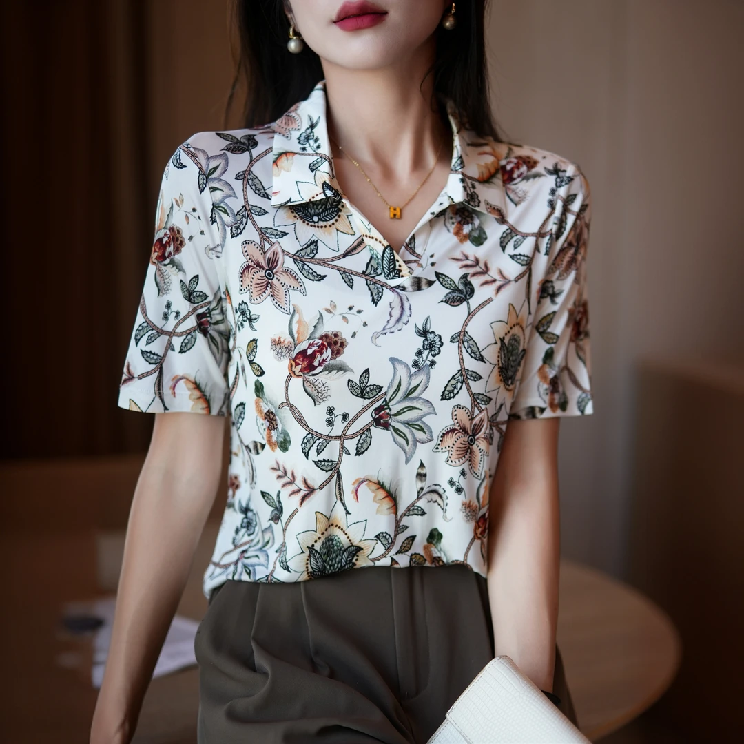 元杉2024新款真丝t恤女时尚POLO领印花小衫气质半袖衫桑蚕丝上衣