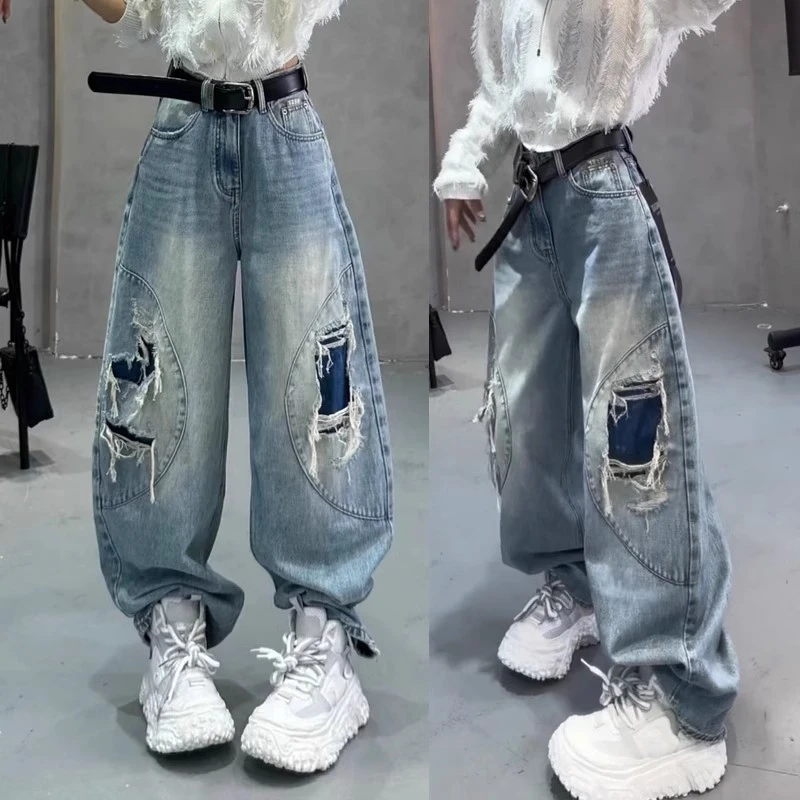 2025春季新款假破洞牛仔裤女大码宽松弯刀裤高腰百搭微胖mm拖地裤