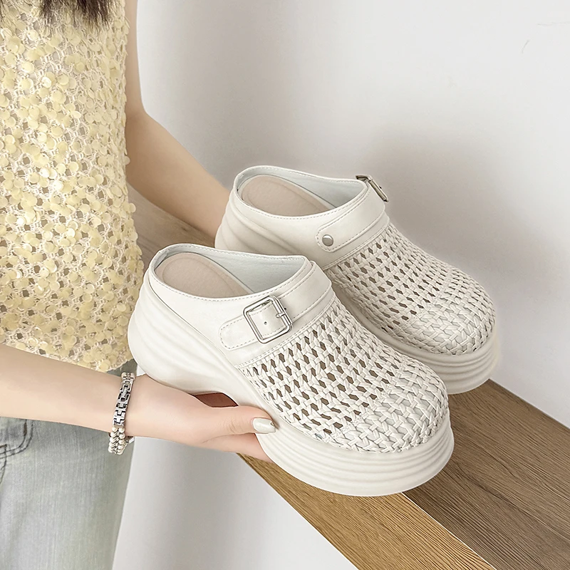 8公分内增高包头凉鞋女厚底坡跟小个子超高跟半拖鞋软底防滑厚底