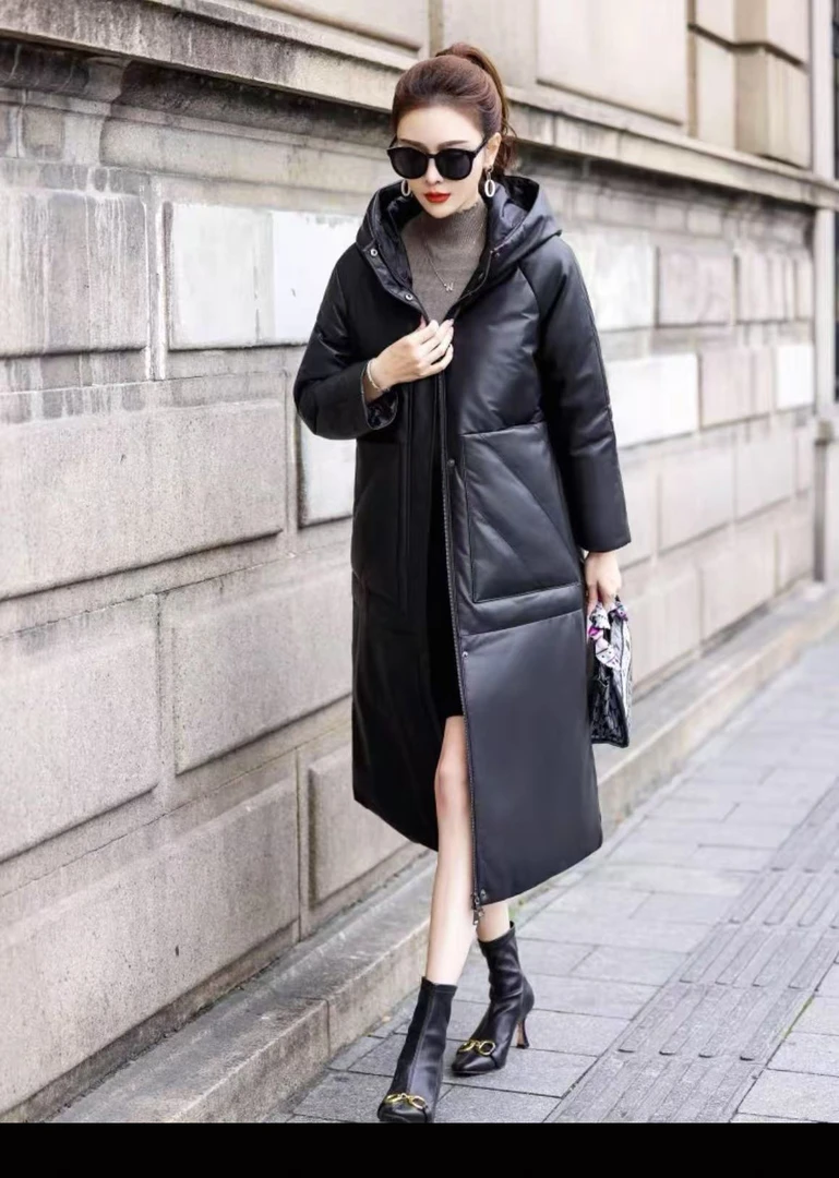 <顾小姐>反季特惠海宁真皮羽绒皮衣长款连帽皮大衣