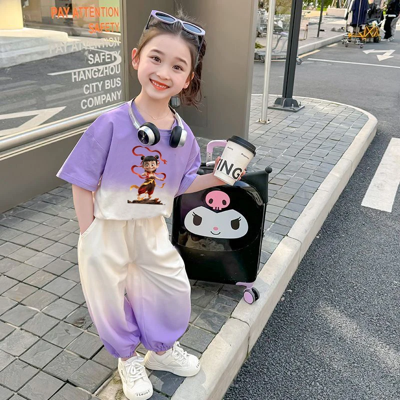 动漫魔童哪吒衣服夏天款卫衣两件套小女孩 女童 时髦休闲运动套装