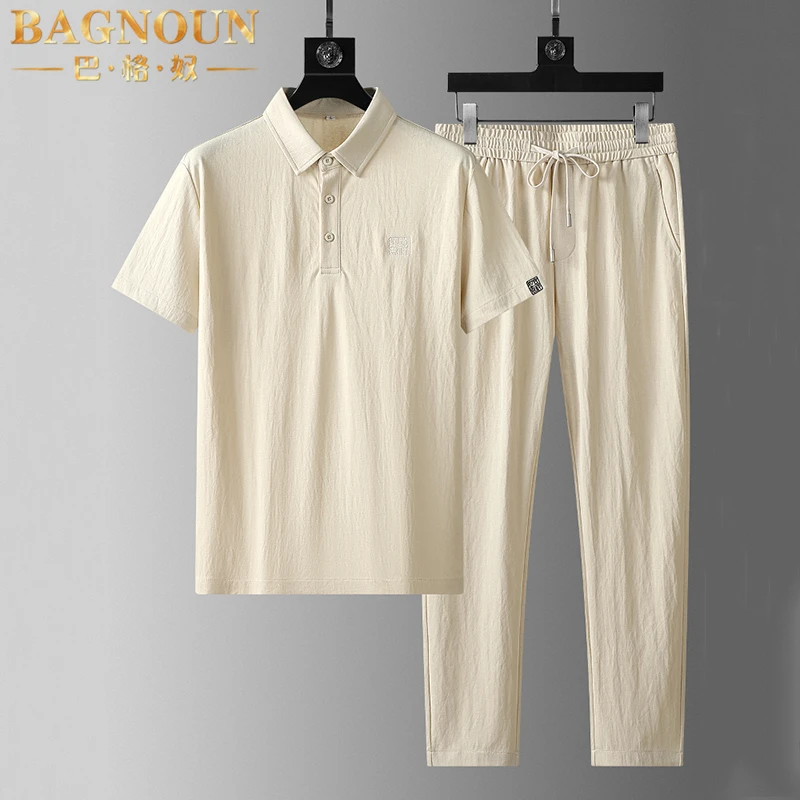 巴格奴休闲运动套装男士夏季新款时尚冰丝新中国风翻领短袖两件套