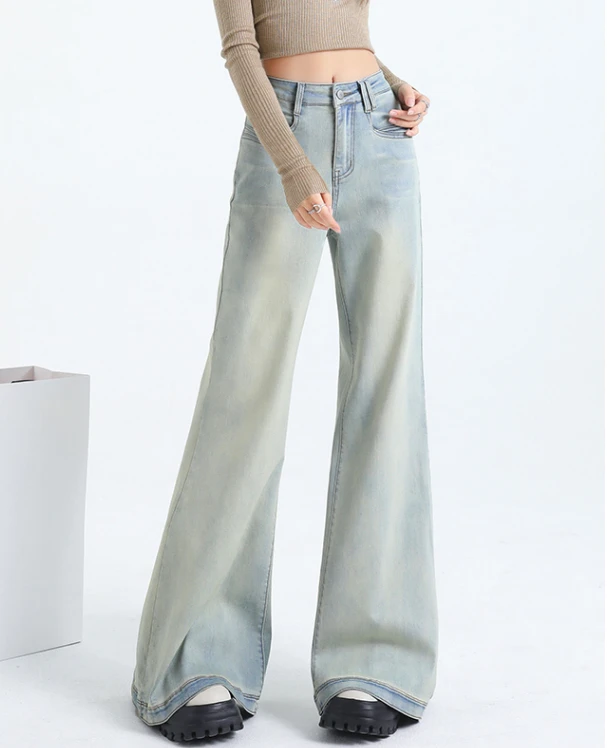 浅蓝色薄款微喇牛仔裤女高腰显瘦不贴腿设计阔腿喇叭裤宽松休闲