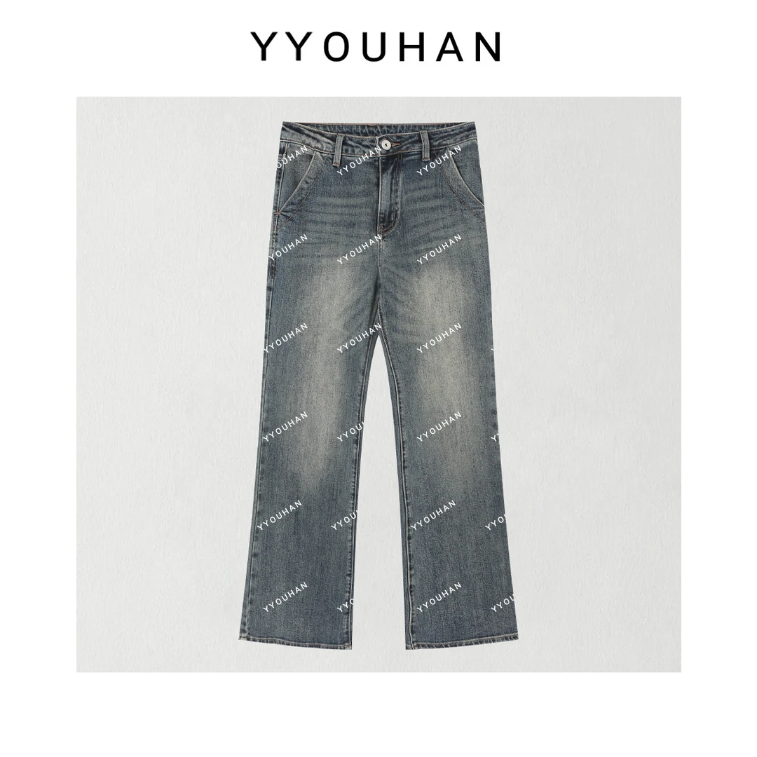 YYOUHAN 2025新款小众斜插口袋显瘦百搭高腰微喇牛仔裤 2508C4314